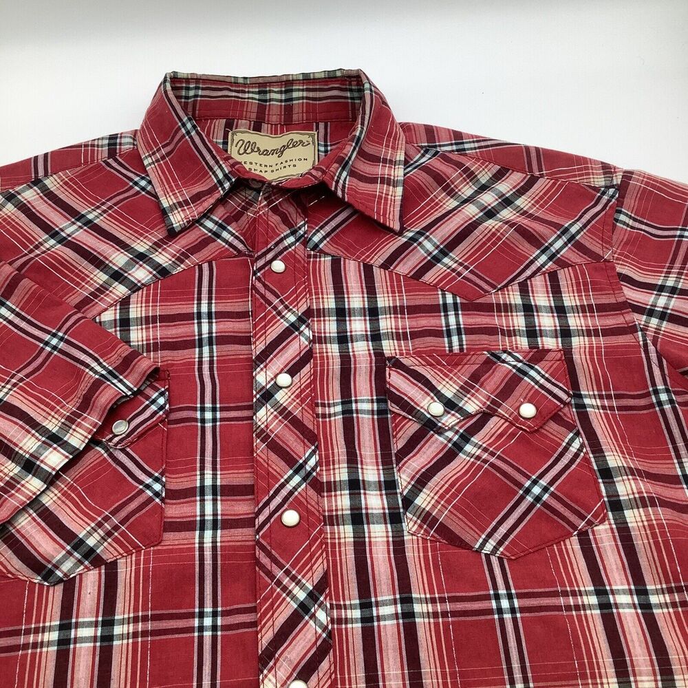 Wrangler Mens Short Sleeve Pearl Snap Shirt Red‎ Plaid Size XL